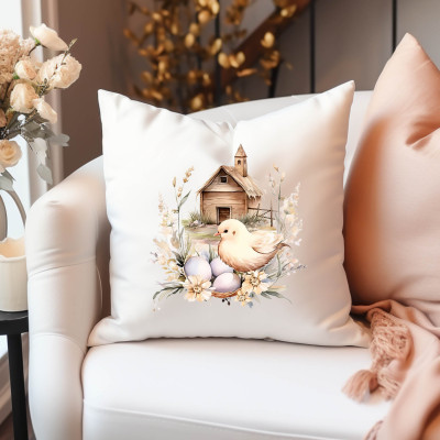 Dekorativní polštářek s kuřátkema barevnými vajíčky, mikrovlákno, pratelné.