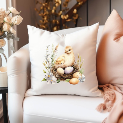 Dekorativní polštářek s kuřátkem a barevnými vajíčky, mikrovlákno, pratelné.